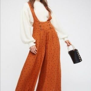 Free People Polka Dot Suspender Jumpsuit